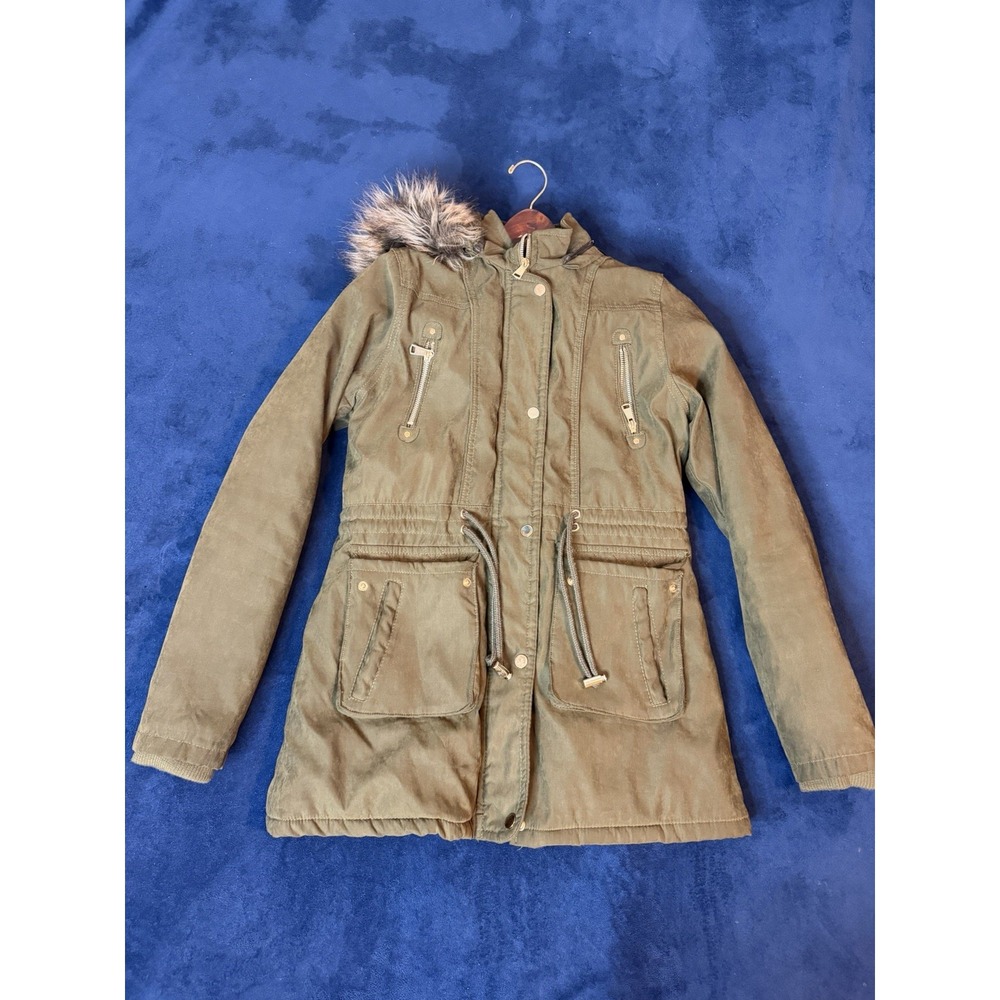 Ellie & Kate Fleece-lined parka jacket Faux Fur Hood Women’s Sz S Olive Green
